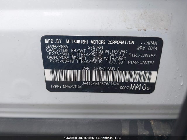 12629900 :رقم المزاد ، JA4T5VA92RZ627570 vin ، 2024 Mitsubishi Outlander Phev Le/sel مزاد بيع
