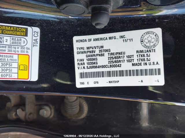 Aukcja sprzedaży 2012 Honda Cr-v Touring, vin: 5J6RM4H90CL800042, numer aukcji: 12629904
