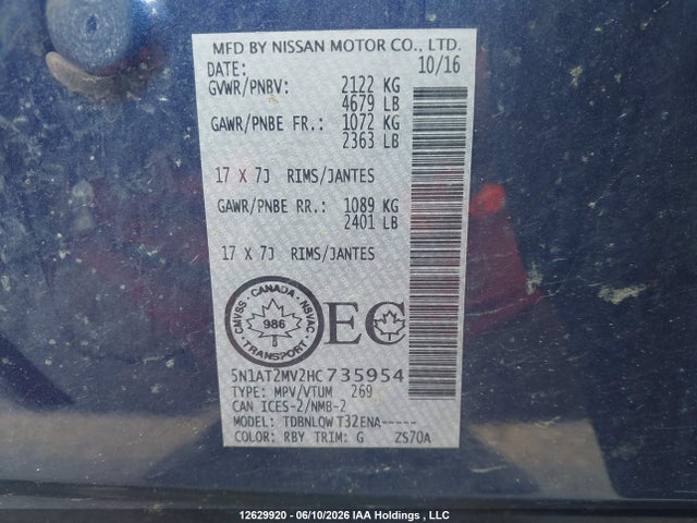 Продажа на аукционе авто 2017 Nissan Rogue S/sl Platinum/sv, vin: 5N1AT2MV2HC735954, номер лота: 12629920