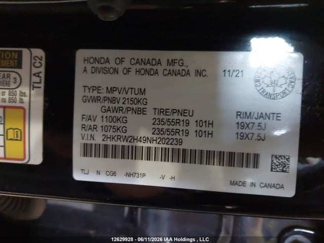 2HKRW2H49NH202239 Honda Cr-v Sport