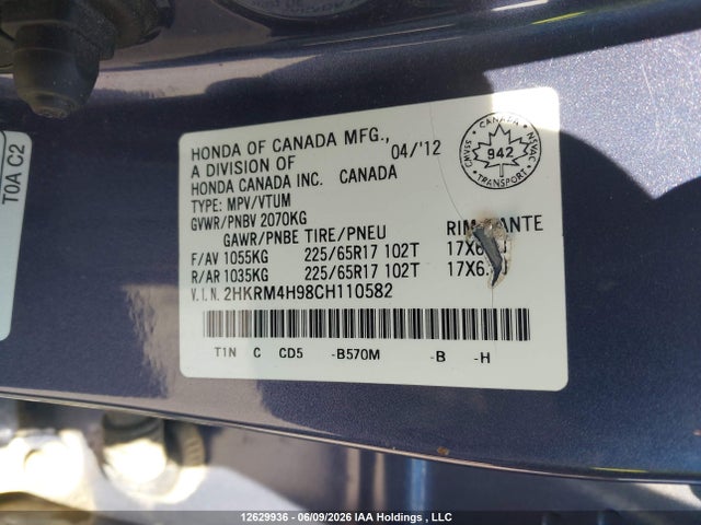 Продаж на аукціоні авто 2012 Honda Cr-v Touring, vin: 2HKRM4H98CH110582, номер лоту: 12629936