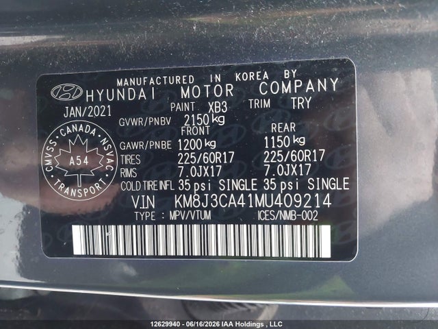 2021 Hyundai Tucson Preferred Awd მანქანა იყიდება აუქციონზე, vin: KM8J3CA41MU409214, აუქციონის ნომერი: 12629940