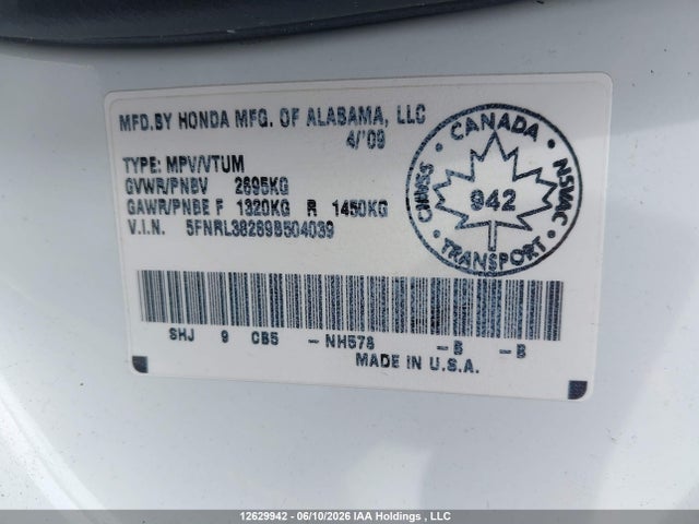 12629942 :رقم المزاد ، 5FNRL38289B504039 vin ، 2009 Honda Odyssey مزاد بيع