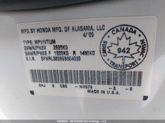 12629942 :رقم المزاد ، 5FNRL38289B504039 vin ، 2009 Honda Odyssey مزاد بيع