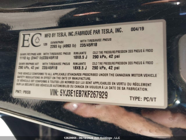 Tesla Model 3 Long Range/performance 2019 5YJ3E1EB7KF267929 Image 9