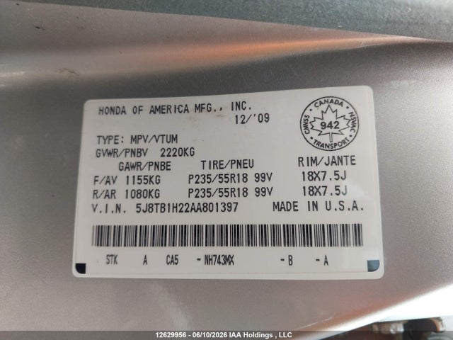 12629956 :رقم المزاد ، 5J8TB1H22AA801397 vin ، 2010 Acura Rdx مزاد بيع