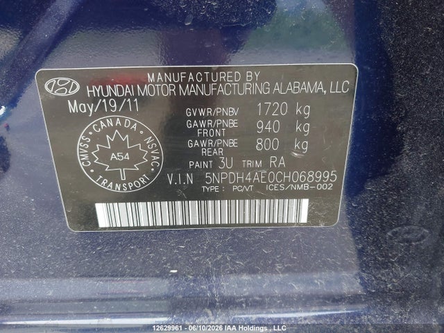 12629961 :رقم المزاد ، 5NPDH4AE0CH068995 vin ، 2012 Hyundai Elantra مزاد بيع