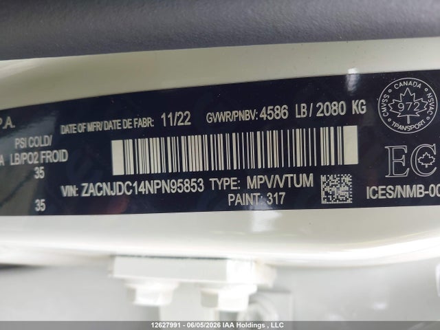 12627991 :رقم المزاد ، ZACNJDC14NPN95853 vin ، 2022 Jeep Renegade Trailhawk مزاد بيع