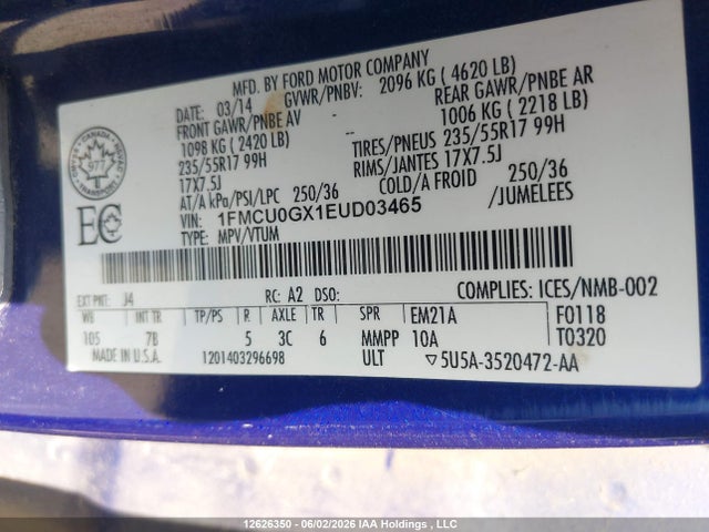 Продажа на аукционе авто 2014 Ford Escape Se, vin: 1FMCU0GX1EUD03465, номер лота: 12626350
