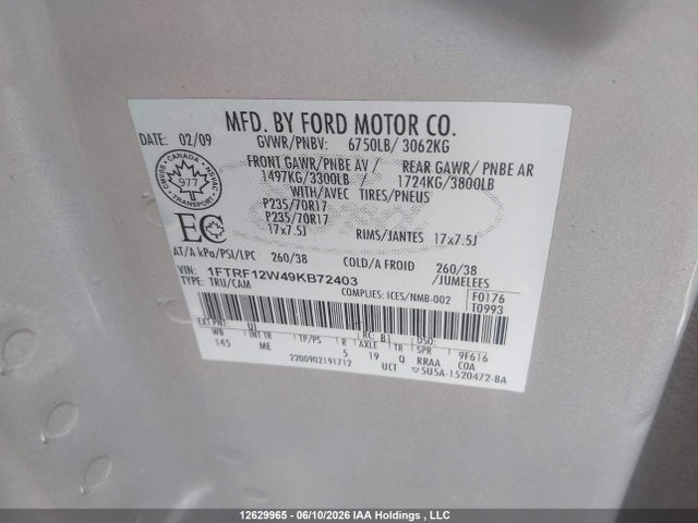 12629965 :رقم المزاد ، 1FTRF12W49KB72403 vin ، 2009 Ford F-150 مزاد بيع