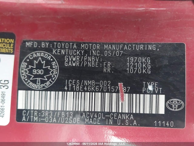 Продаж на аукціоні авто 2007 Toyota Camry Ce/le/xle/se, vin: 4T1BE46K67U157587, номер лоту: 12629968