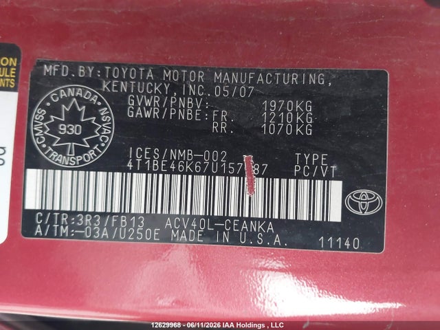 Продаж на аукціоні авто 2007 Toyota Camry Ce/le/xle/se, vin: 4T1BE46K67U157587, номер лоту: 12629968