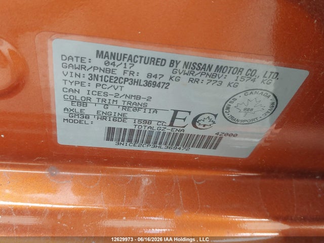 3N1CE2CP3HL369472 Nissan Versa Note 1.6 S/1.6 Sl/1.6 Sr/1.6 Sv