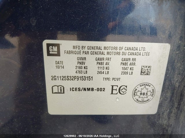 12629982 :رقم المزاد ، 2G1125S32F9153151 vin ، 2015 Chevrolet Impala Lt مزاد بيع