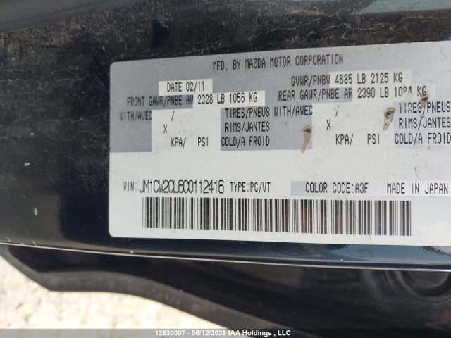 12630007 :رقم المزاد ، JM1CW2CL6C0112416 vin ، 2012 Mazda Mazda5 مزاد بيع