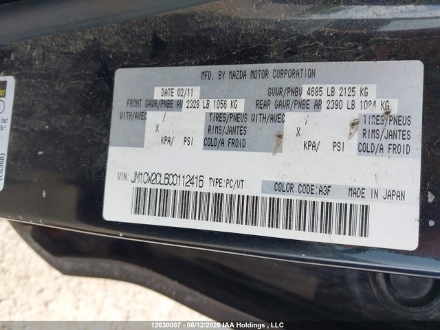 12630007 :رقم المزاد ، JM1CW2CL6C0112416 vin ، 2012 Mazda Mazda5 مزاد بيع