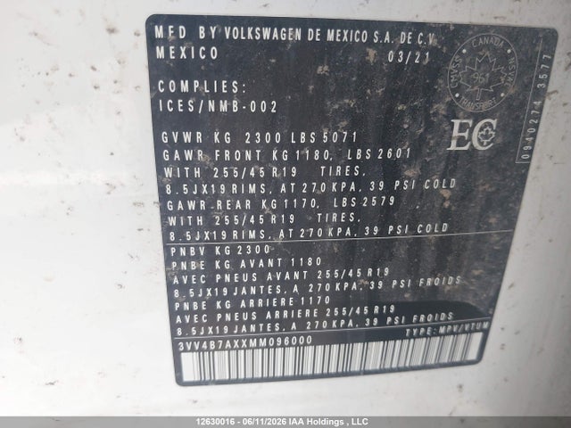 3VV4B7AXXMM096000 Volkswagen Tiguan Sel Premium R-line