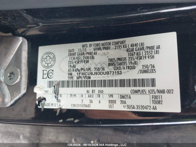 2013 Ford Escape მანქანა იყიდება აუქციონზე, vin: 1FMCU9J93DUB73153, აუქციონის ნომერი: 12630026
