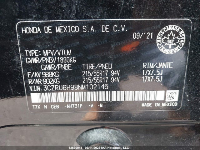 Auction sale of the 2022 Honda Hr-v, vin: 3CZRU6H98NM102145, lot number: 12630041