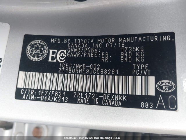 2018 Toyota Corolla L/le/xle/se/xse მანქანა იყიდება აუქციონზე, vin: 2T1BURHE9JC088281, აუქციონის ნომერი: 12630049