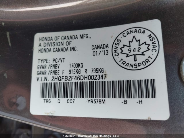 Aukcja sprzedaży 2013 Honda Civic Lx, vin: 2HGFB2F46DH002347, numer aukcji: 12630051