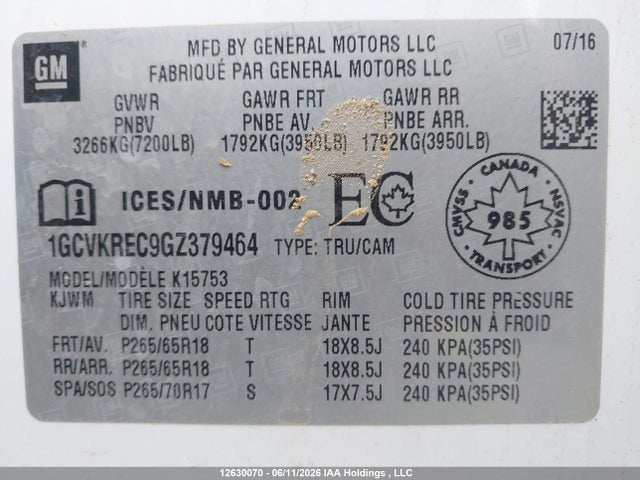 Aukcja sprzedaży 2016 Chevrolet Silverado 1500 2lt, vin: 1GCVKREC9GZ379464, numer aukcji: 12630070