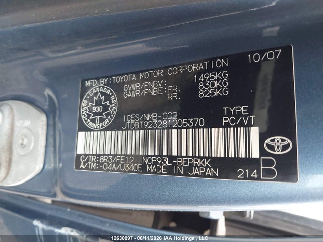 Продаж на аукціоні авто 2008 Toyota Yaris, vin: JTDBT923281205370, номер лоту: 12630097