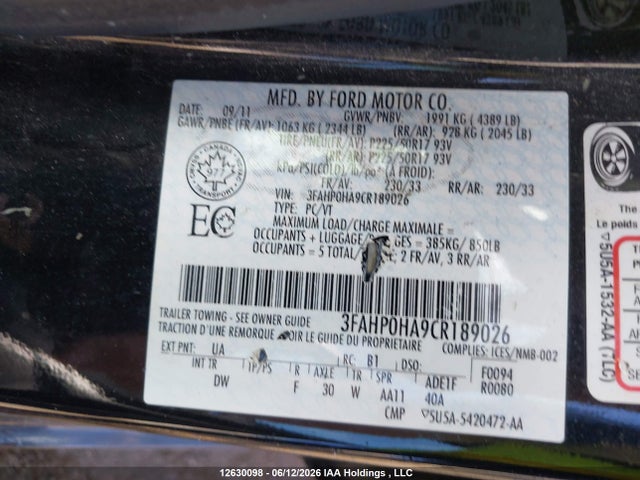 Продажа на аукционе авто 2012 Ford Fusion Se, vin: 3FAHP0HA9CR189026, номер лота: 12630098