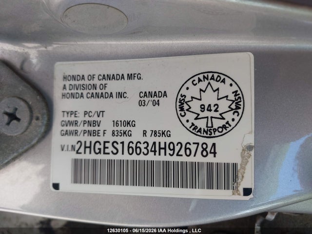 2004 Honda Civic Lx მანქანა იყიდება აუქციონზე, vin: 2HGES16634H926784, აუქციონის ნომერი: 12630105