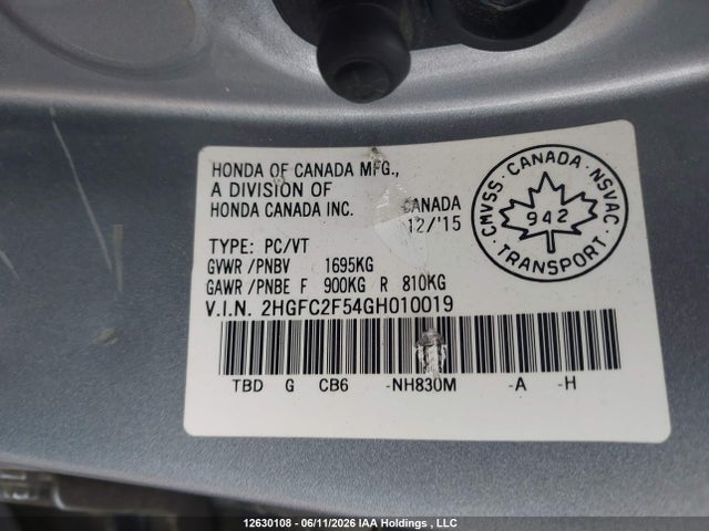 Продаж на аукціоні авто 2016 Honda Civic, vin: 2HGFC2F54GH010019, номер лоту: 12630108