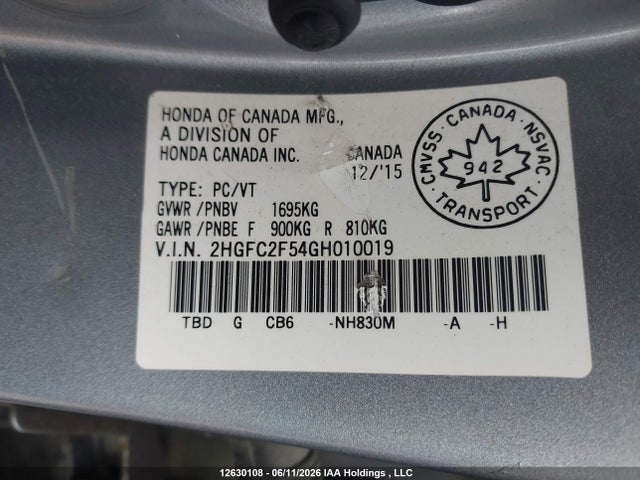 Продаж на аукціоні авто 2016 Honda Civic, vin: 2HGFC2F54GH010019, номер лоту: 12630108