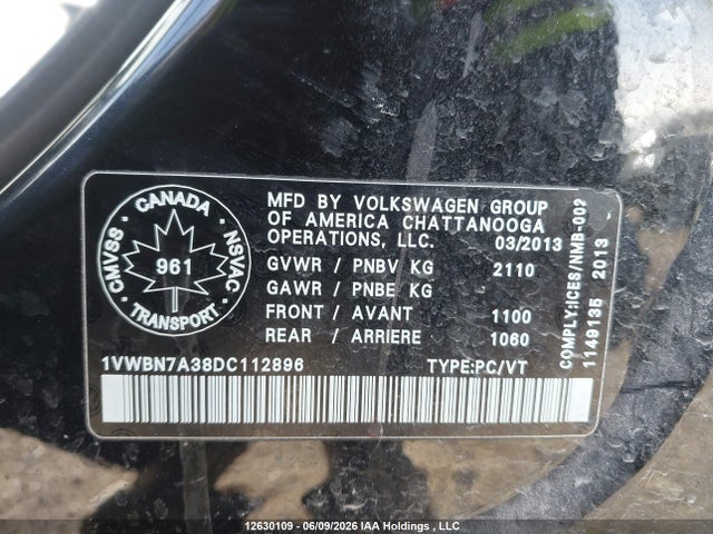 2013 Volkswagen Passat Se მანქანა იყიდება აუქციონზე, vin: 1VWBN7A38DC112896, აუქციონის ნომერი: 12630109