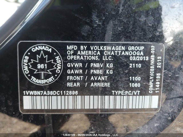 2013 Volkswagen Passat Se მანქანა იყიდება აუქციონზე, vin: 1VWBN7A38DC112896, აუქციონის ნომერი: 12630109