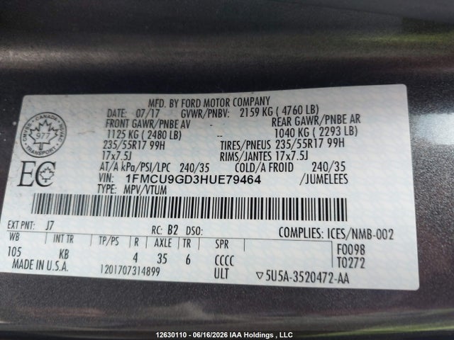 Продажа на аукционе авто 2017 Ford Escape Se, vin: 1FMCU9GD3HUE79464, номер лота: 12630110
