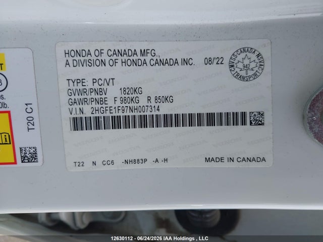 Продаж на аукціоні авто 2022 Honda Civic Touring, vin: 2HGFE1F97NH007314, номер лоту: 12630112