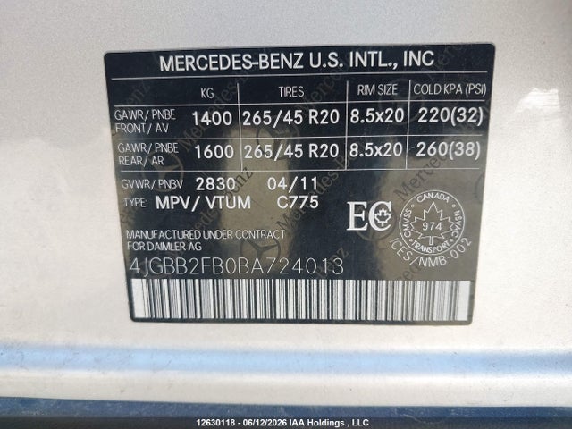 Aukcja sprzedaży 2011 Mercedes-benz Ml 350 Bluetec 4matic, vin: 4JGBB2FB0BA724013, numer aukcji: 12630118