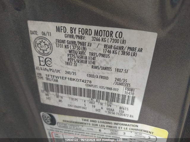 Aukcja sprzedaży 2011 Ford F150 Supercrew, vin: 1FTFW1EF1BKD74278, numer aukcji: 12630122