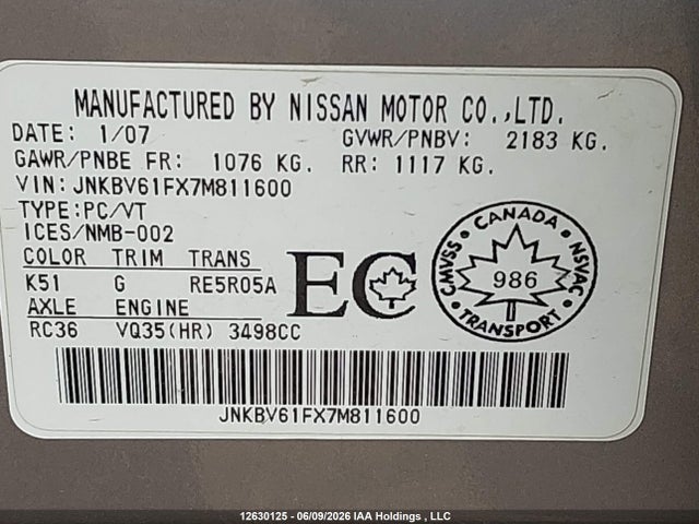 Auction sale of the 2007 Infiniti G35, vin: JNKBV61FX7M811600, lot number: 12630125