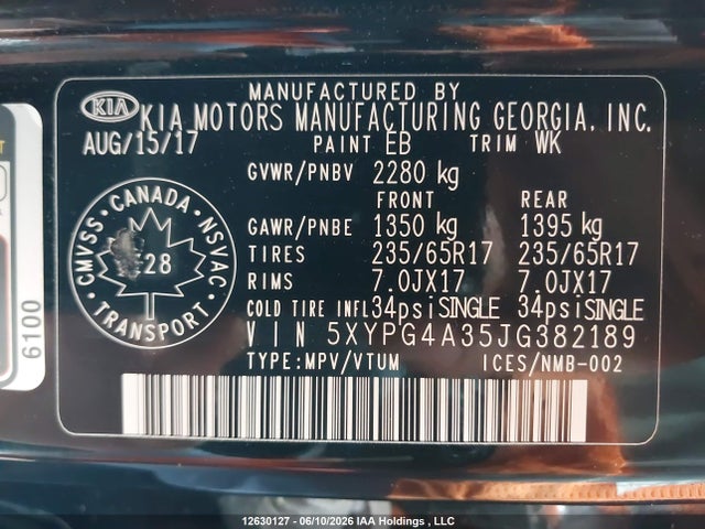12630127 :رقم المزاد ، 5XYPG4A35JG382189 vin ، 2018 Kia Sorento 2.4l Lx مزاد بيع