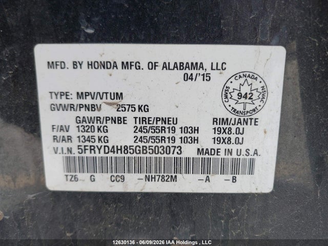 5FRYD4H85GB503073 Acura Mdx Elite Package