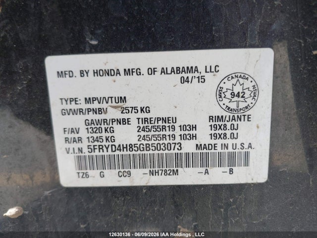 5FRYD4H85GB503073 Acura Mdx Elite Package