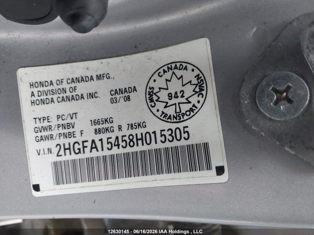 2008 Honda Civic Dx-g მანქანა იყიდება აუქციონზე, vin: 2HGFA15458H015305, აუქციონის ნომერი: 12630145