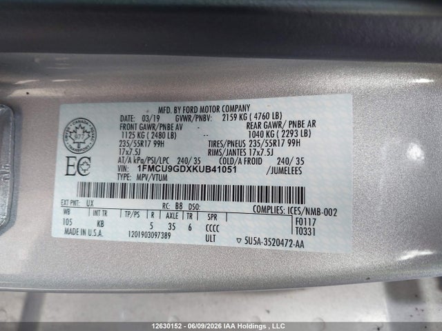 Продажа на аукционе авто 2019 Ford Escape Se, vin: 1FMCU9GDXKUB41051, номер лота: 12630152