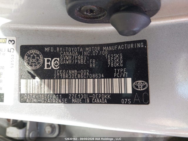 Продаж на аукціоні авто 2006 Toyota Corolla Ce/le/s, vin: 2T1BR32E86C708634, номер лоту: 12630163