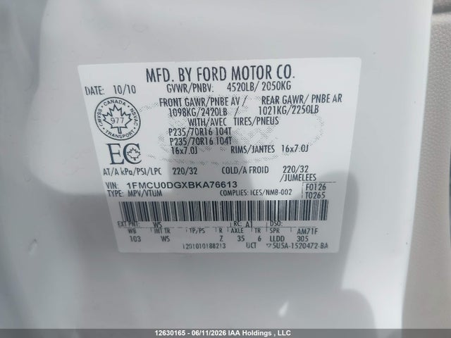 Продаж на аукціоні авто 2011 Ford Escape Xlt Automatic, vin: 1FMCU0DGXBKA76613, номер лоту: 12630165