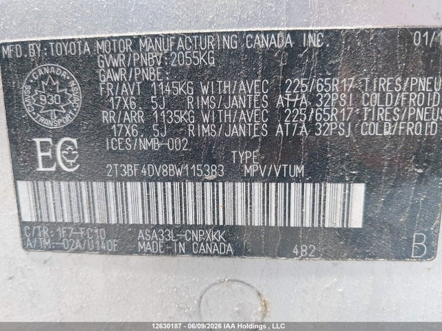 12630187 :رقم المزاد ، 2T3BF4DV8BW115383 vin ، 2011 Toyota Rav4 مزاد بيع