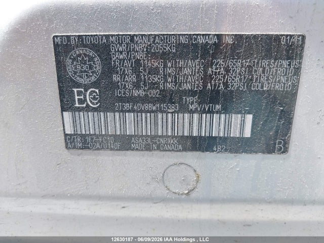 12630187 :رقم المزاد ، 2T3BF4DV8BW115383 vin ، 2011 Toyota Rav4 مزاد بيع