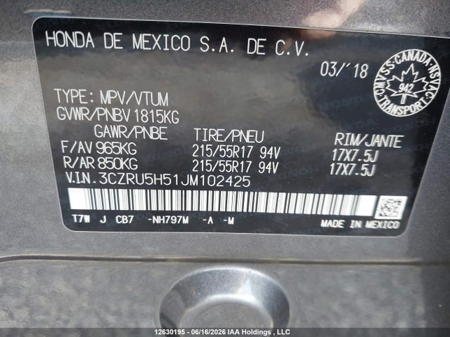 Aukcja sprzedaży 2018 Honda Hr-v Ex, vin: 3CZRU5H51JM102425, numer aukcji: 12630195