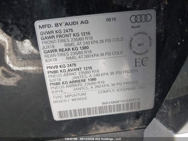 12630196 :رقم المزاد ، WA1ANAFYXJ2203115 vin ، 2018 Audi Q5 2.0t Komfort مزاد بيع