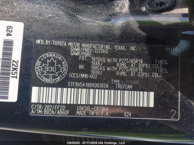 Продаж на аукціоні авто 2009 Toyota Tundra, vin: 5TFBV54189X083658, номер лоту: 12630203